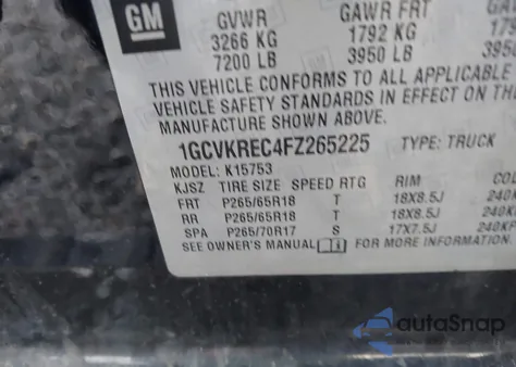 2015 Chevrolet Silverado 1500 2Lt z USA, uszkodzony, nr VIN 1GCVKREC4FZ265225